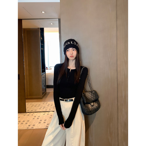 MULVAN 奶油可可 白色半开圆领针织t恤长袖修身内搭针织衫上衣女 - 图2