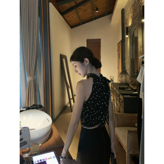 MULVAN 法式白色波点小衫女夏季挂脖绑带短款无袖上衣雪纺衫