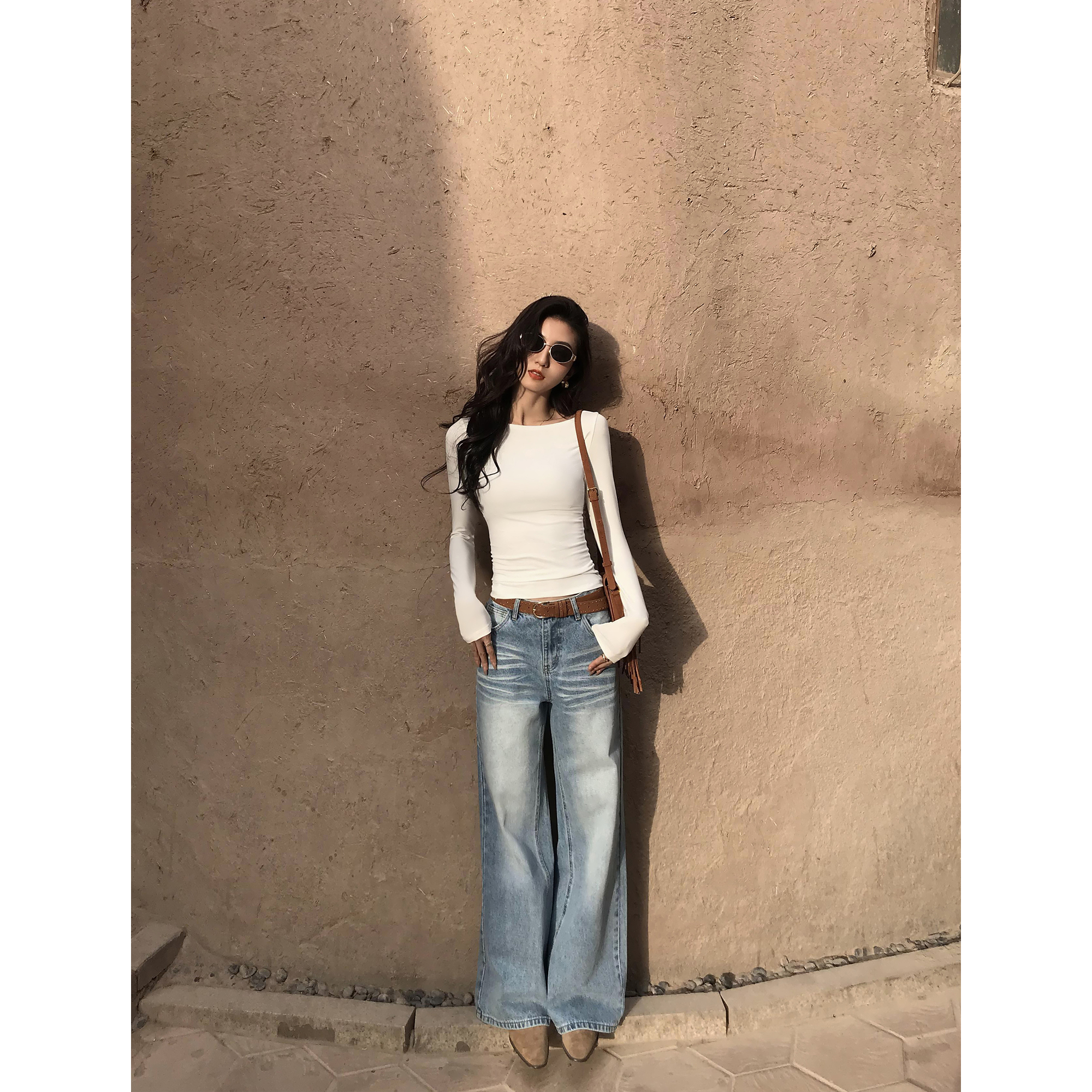 MULVAN 蓝穹漫步廓 美式复古阔腿牛仔裤女低腰宽松直筒垂感长裤 - 图1