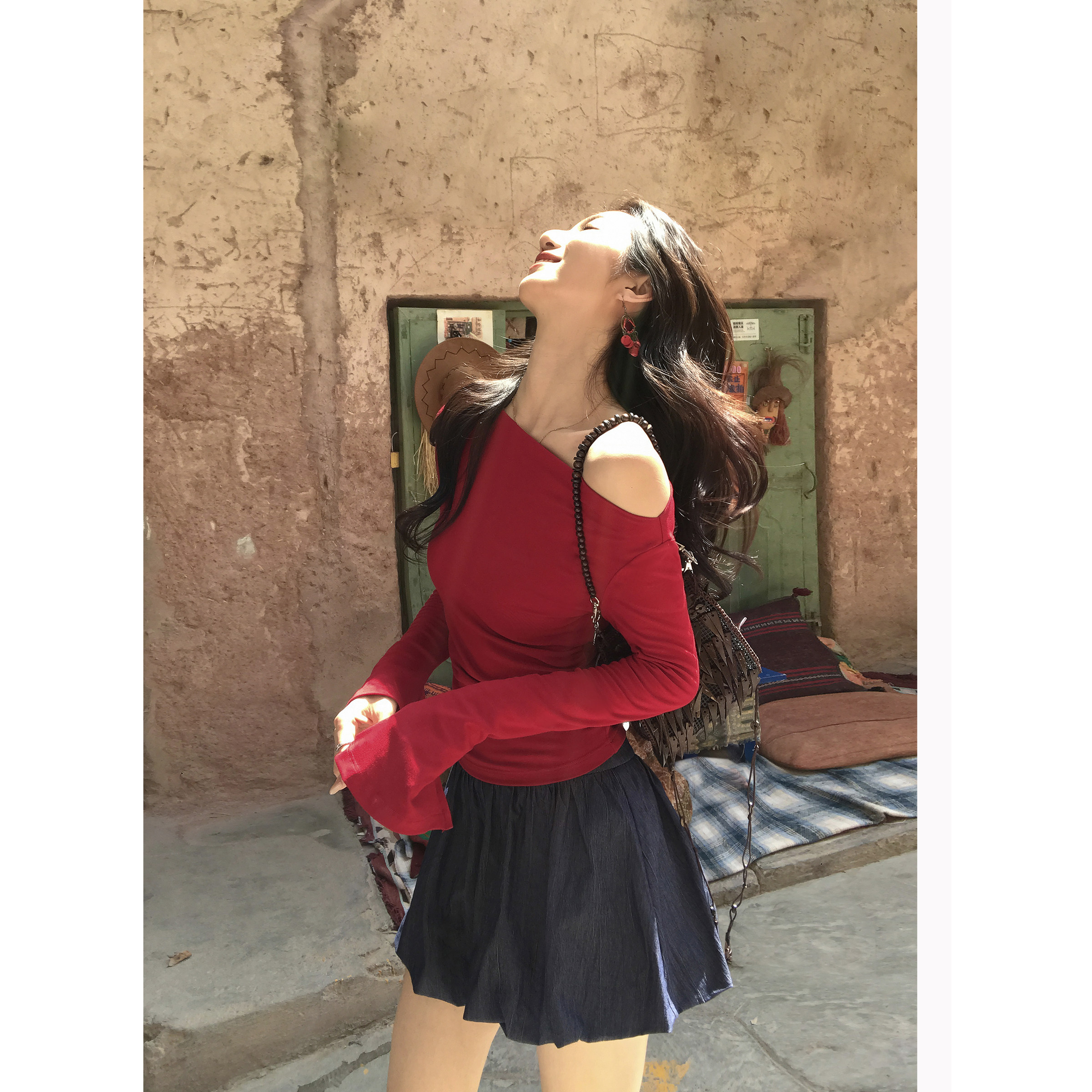 MULVAN  都市女神 chic韩系一字肩上衣女喇叭袖修身针织露肩t恤,淘宝优惠券,粉丝福利购,淘宝优惠卷