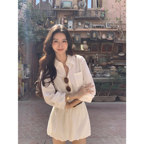 MULVAN 山茶白茉莉 极简白色衬衫连衣裙女休闲收腰气质短款花苞裙 - 图3