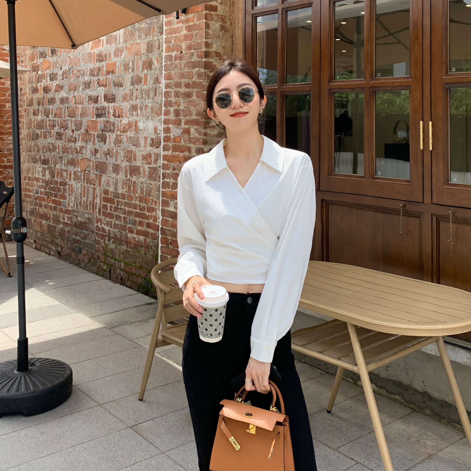 mulvan 白色短款衬衫女2022新款设计感小众衬衣绑带高腰长袖上衣