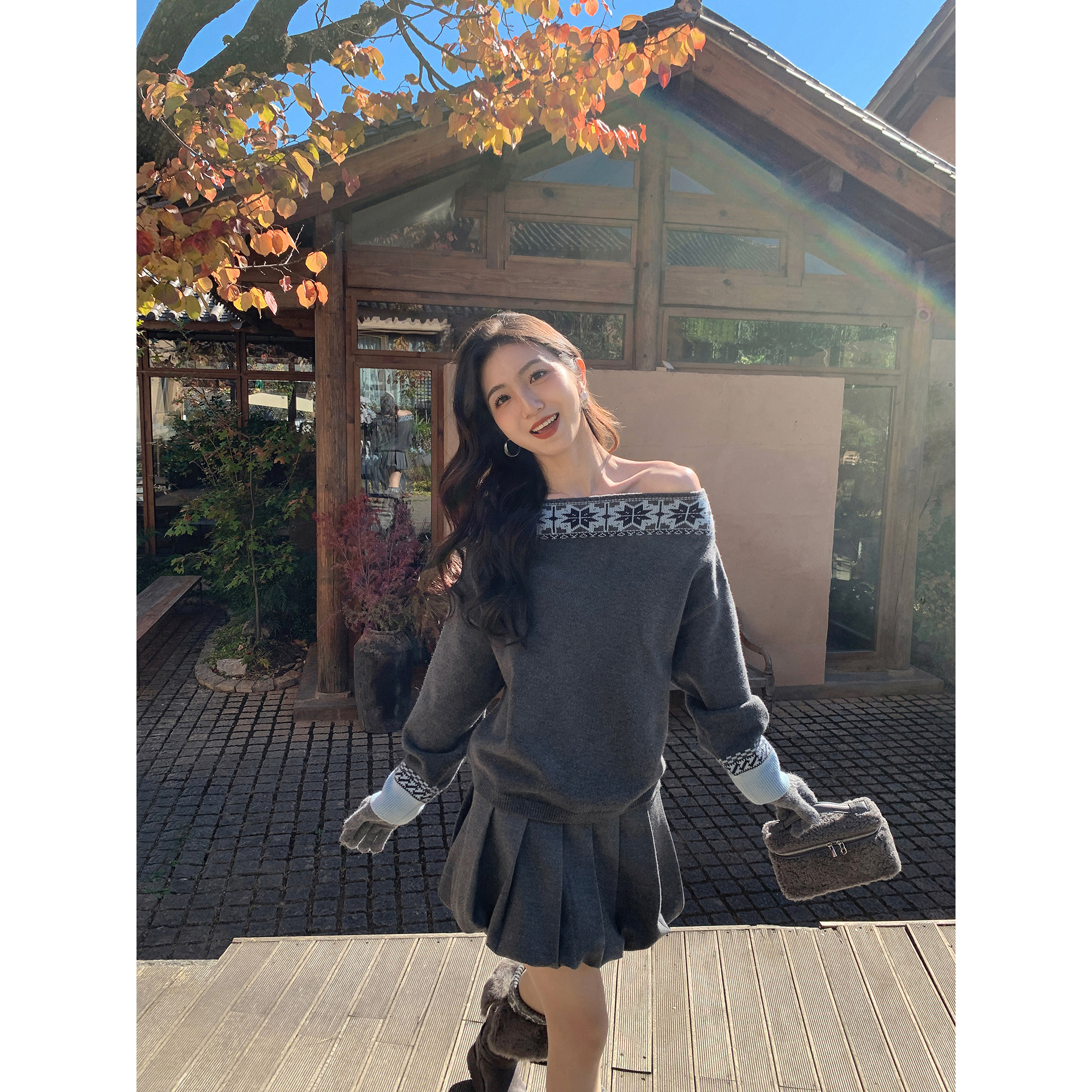 MULVAN 西西莉亚 费尔岛一字肩套头毛衣女设计感宽松斜肩针织上衣,淘宝优惠券,粉丝福利购,淘宝优惠卷