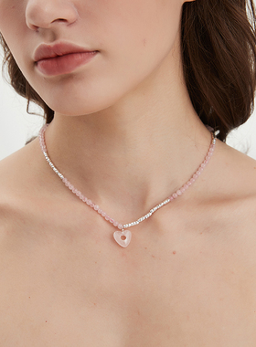 AWE甜美粉水晶碎银子爱心项链女