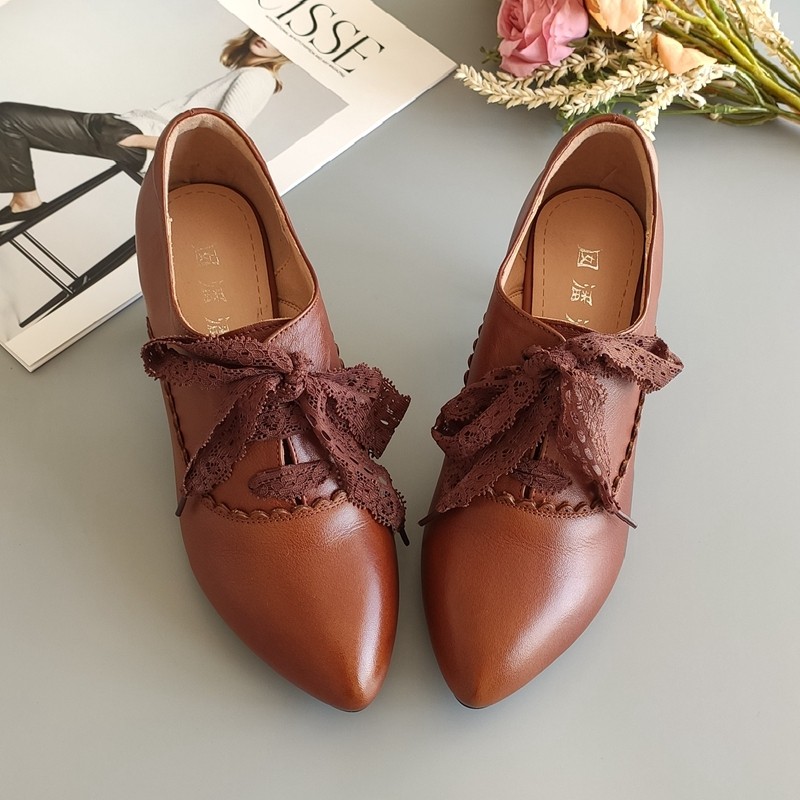 真皮尖头细跟女单鞋秋冬新款通勤优雅蕾丝系带花边深口中高跟单鞋,淘宝优惠券,粉丝福利购,淘宝优惠卷