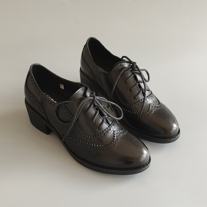 秋冬新款真牛皮英伦学院风小皮鞋复古布洛克圆头中粗跟深口女单鞋,淘宝优惠券,粉丝福利购,淘宝优惠卷