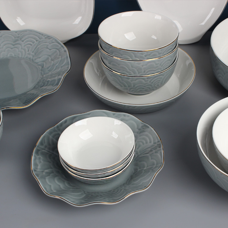 家用碟子碗套装散件陶瓷碗简约仿古轻奢陶瓷餐具裕行祥云金边鱼盘