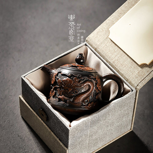 云南建水紫陶壶茶壶全手工深雕祥龙金钟壶功夫茶具陶制手作泡茶器 - 图3