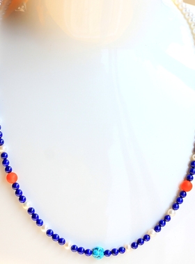 ◆小青2◆阿富汗高品质青金石配高亮泽温润淡水无核珍珠项链