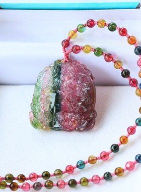 ◆龙凤呈祥◆珍藏级多色西瓜碧玺龙凤牌 配碧玺珠链