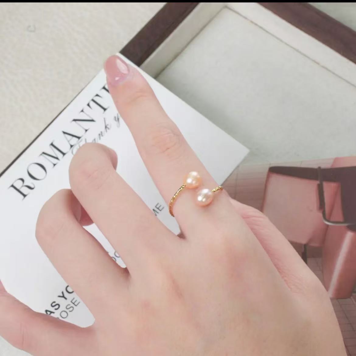 Natural freshwater pearls, strong light rice pearl ring for women, simple and versatile double beads, open rings elegant