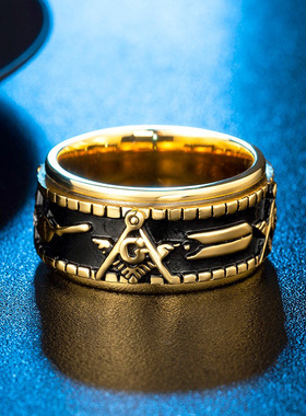 钛钢共济会欧美复古男转动戒指