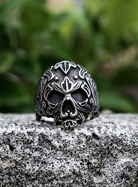 钛钢雕花骷髅戒指男潮霸气维京人