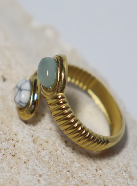 白松石东陵玉双戒面复古开口戒指