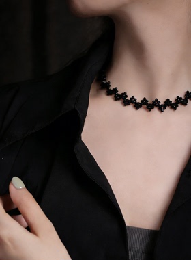 choker黑水晶蕾丝颈带可定制银扣