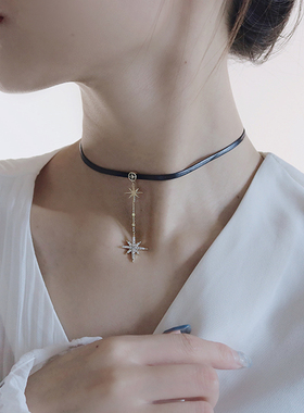 m家气质六芒星流苏女黑色项链