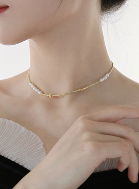 国风珍珠混搭水晶锁骨链细choker