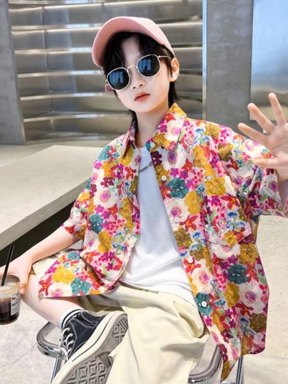 潮复古短袖花衬衫亲子装夏季粉色印花宽松设计感小众中大童装上衣