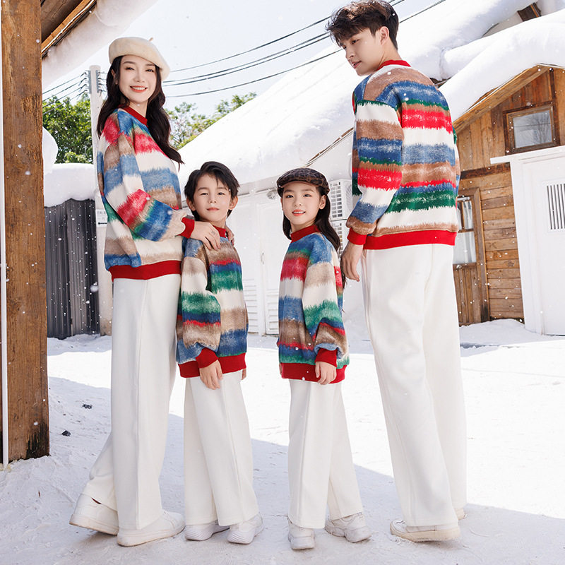 2025新款韩版撞色加绒卫衣亲子装秋冬款彩色加绒卫衣家庭装上衣潮,淘宝优惠券,粉丝福利购,淘宝优惠卷