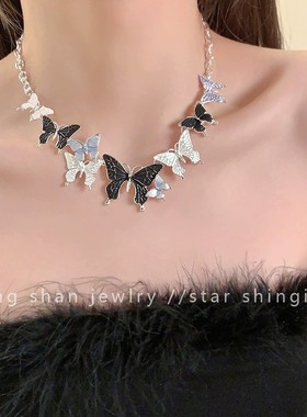 AA6684春日暗黑蝴蝶项链·孤品套装耳钉女复古亚文化锁骨链毛衣链