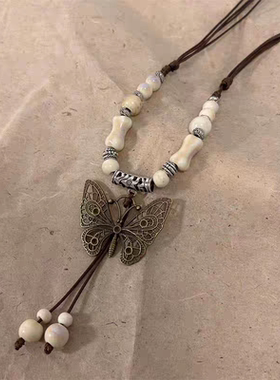 2025年民族风陶瓷项链女国风新中式长款蝴蝶吊坠配饰