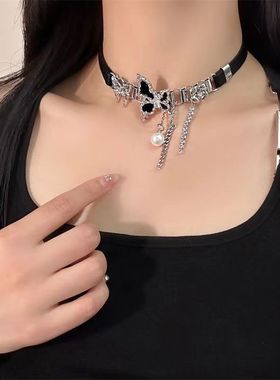 黑色蝴蝶流苏项链女轻奢小众颈链复古辣妹choker锁骨链y2k项圈女