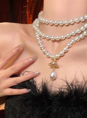 复古多层珍珠项链女珍珠双层土星项链高级感锁骨链生日小礼服颈链