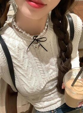 韩国ins甜酷风丝带蝴蝶结爱心双层珍珠项链女小众设计感锁骨链潮