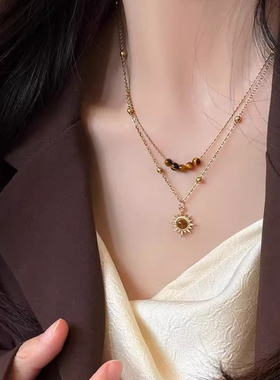 虎眼石款双层太阳花项链女美拉德风时尚锁骨链秋冬轻奢高级感颈链