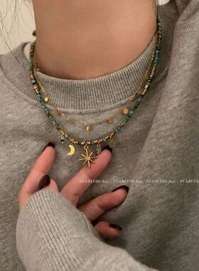 复古串珠叠戴项链女小众波西米亚太阳花锁骨链卫衣链民族风配饰潮