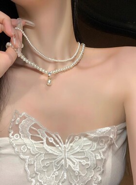 法式复古双层珍珠闪钻项链高级感轻奢小米珠锁骨链小众颈链choker