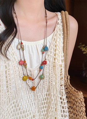 彩色多巴胺陶瓷爱心串珠项链女夏季长款新中式双层毛衣链吊坠配饰