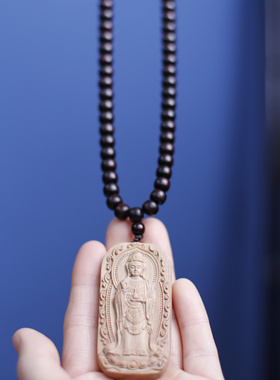 印度小叶紫檀木雕珠链老山檀香观音牌吊坠挂件项链男女款文玩礼物