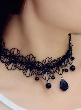 欧美夸张流苏锁骨链女蕾丝黑色