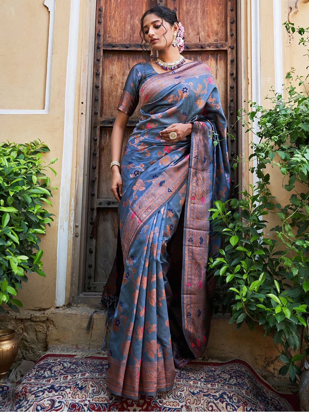 印度纱丽进口民族风情女装传统服饰丝绵提花纱丽2024新款  现货