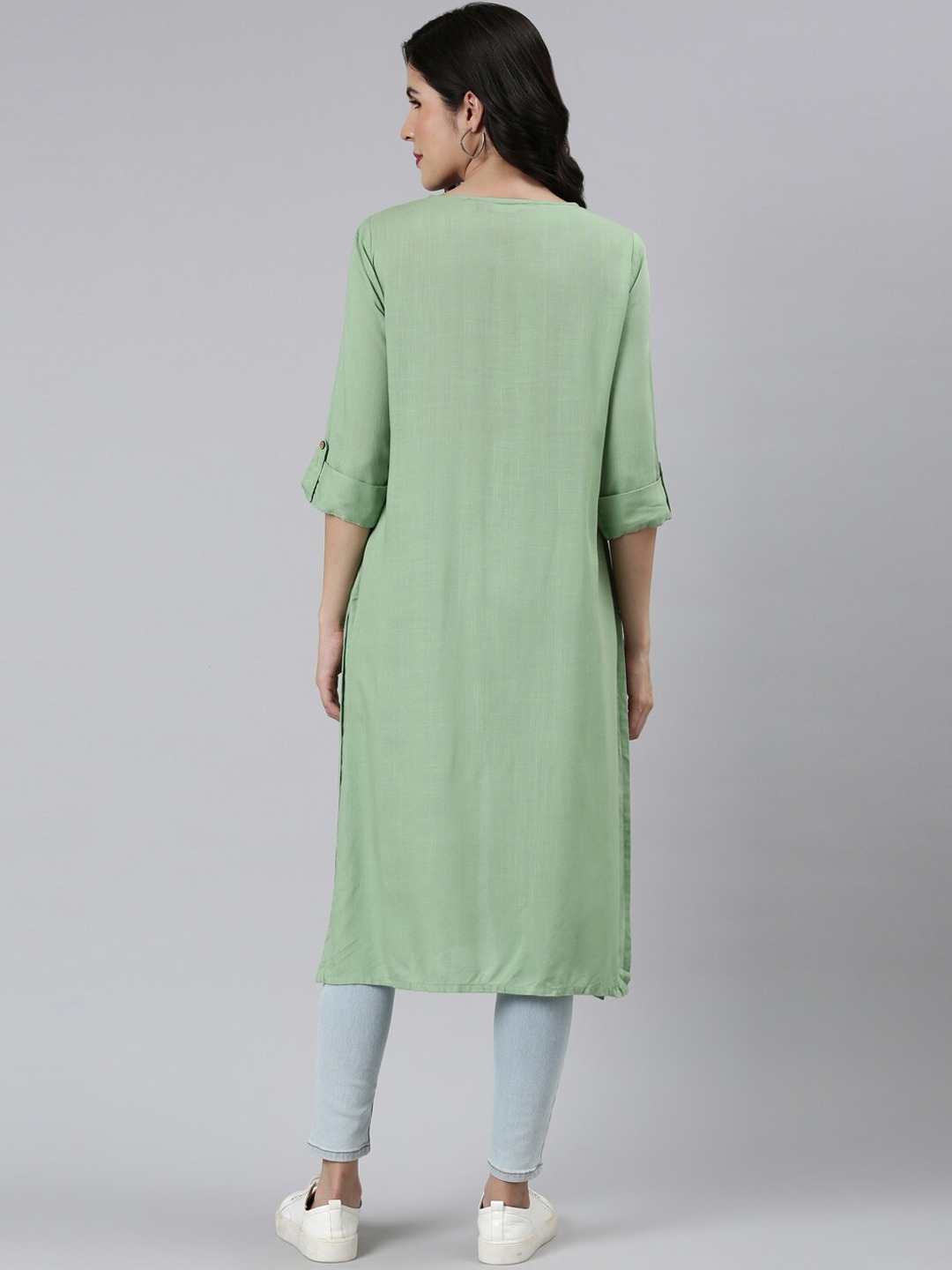 B4-1-2印度女装民族风圆领七分袖中长款上衣绵绸休闲长衫 抹茶色 - 图2