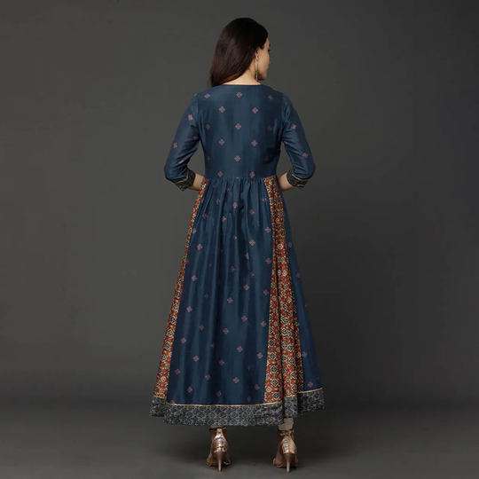 野人小饰 印度传统民族风印花绣花长款连衣裙 深蓝色气质复古