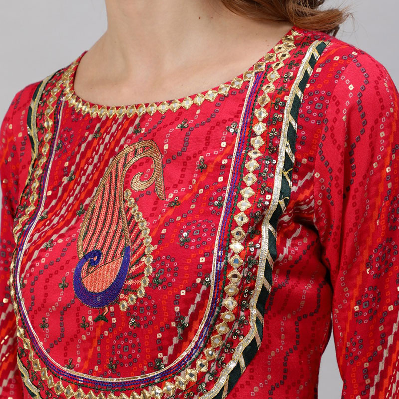 野人小饰 印度进口2件套绵绸印花 刺绣 民族风红色套装2023秋薄款