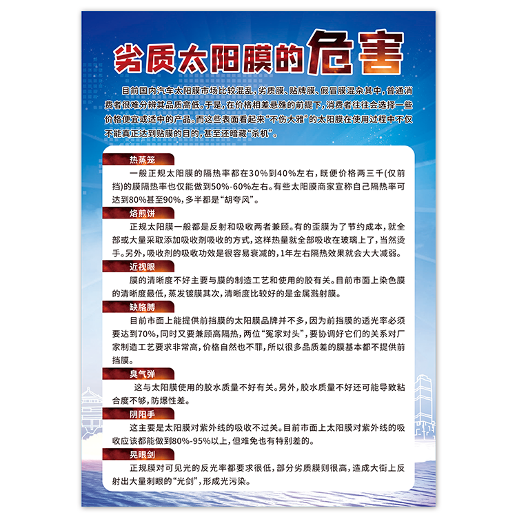 车辆美容汽车劣质太阳膜的危害广告宣传装饰防水防晒海报背胶画 - 图3