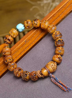 藏传回流牦牛骨雕刻手串单圈藏式文玩佛珠松狮桶珠雪巴配饰