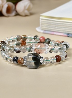 天然绿幽灵方糖黑晶超时尚设计手链手串双圈手串手链DIY