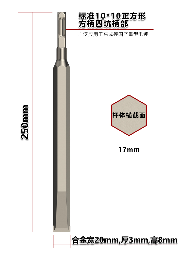 方柄四坑钻头电镐凿子合金凿锤头四坑柄17*250*20带方头电锤扁凿-图1