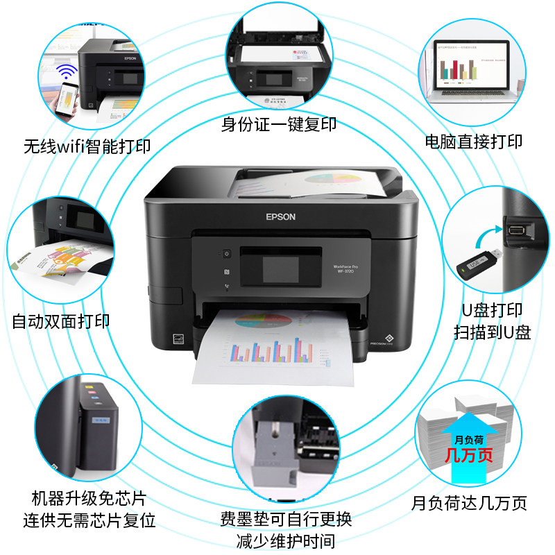 爱普生wf3720彩色喷墨一体机连供 唯米办公喷墨多功能一体机