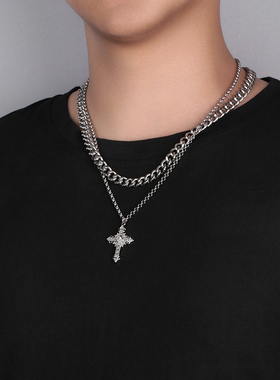 不掉色十字架吊坠多层钛钢项链