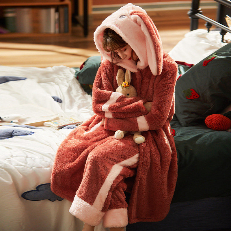 法兰绒秋冬季加绒毛茸茸卡通睡袍 妍希服饰睡衣/家居服套装
