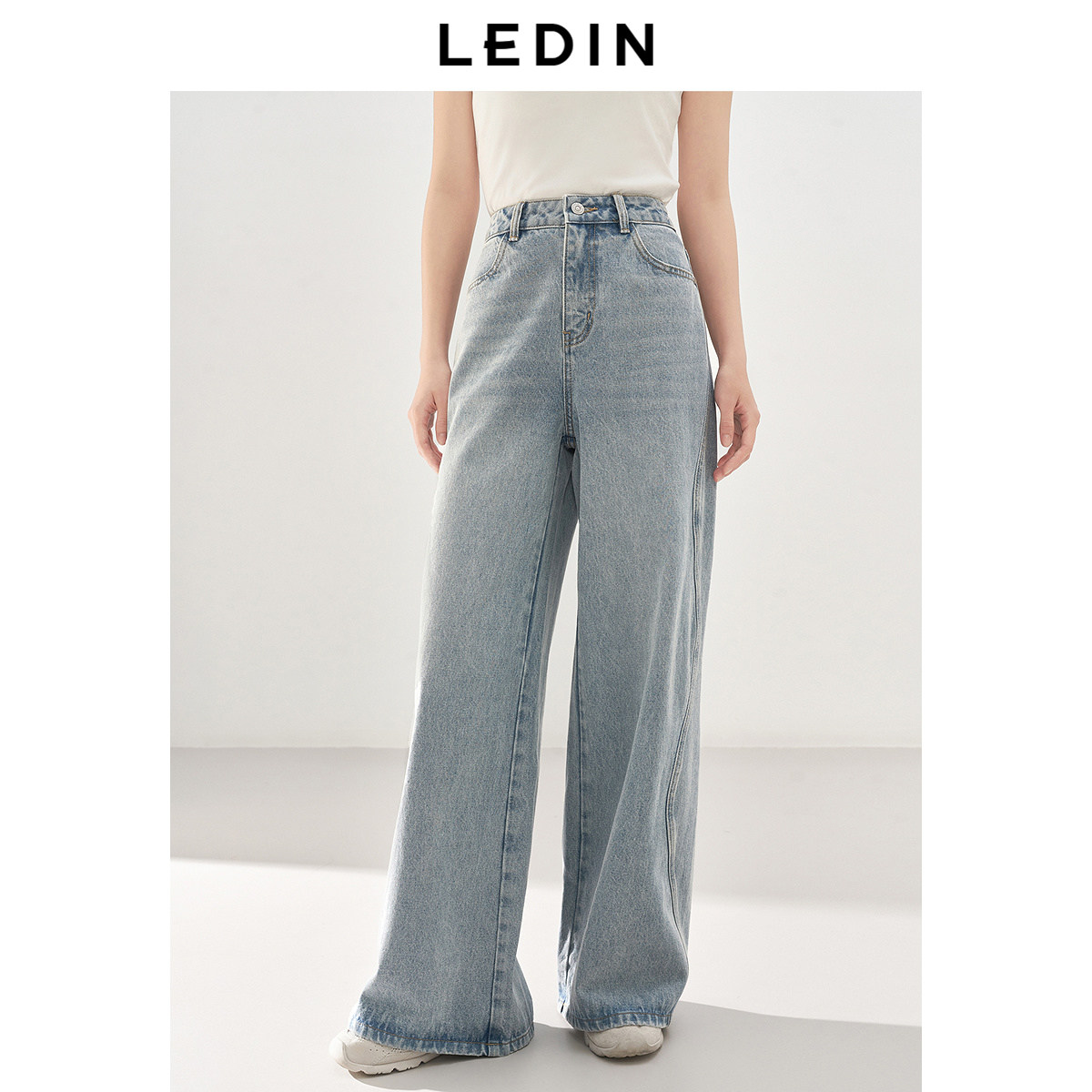 乐町全棉水洗牛仔阔腿裤2025秋季设计感韩系休闲百搭直筒高腰长裤