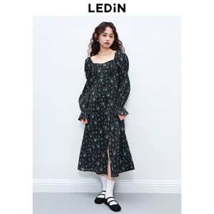 乐町温柔网纱连衣裙女装春夏法式方领不规则长裙长袖甜美仙女裙