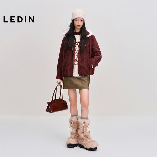 乐町精致绞花拉链外套冬季新款可拆卸毛领金属扣复古红色夹克外套 - 图0