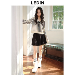 乐町甜美花边翻领卫衣秋冬女装条纹上衣少女感蝴蝶结卫衣