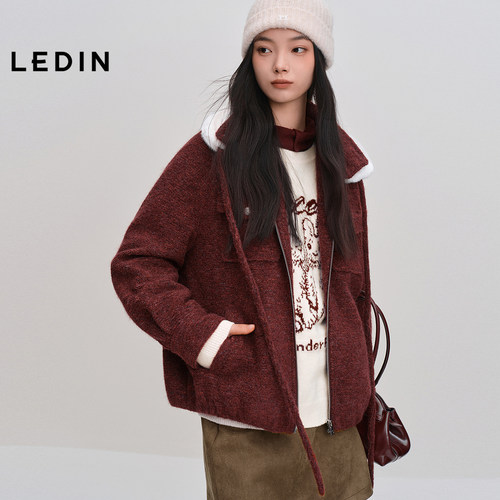 乐町精致绞花拉链外套冬季新款可拆卸毛领金属扣复古红色夹克外套 - 图2